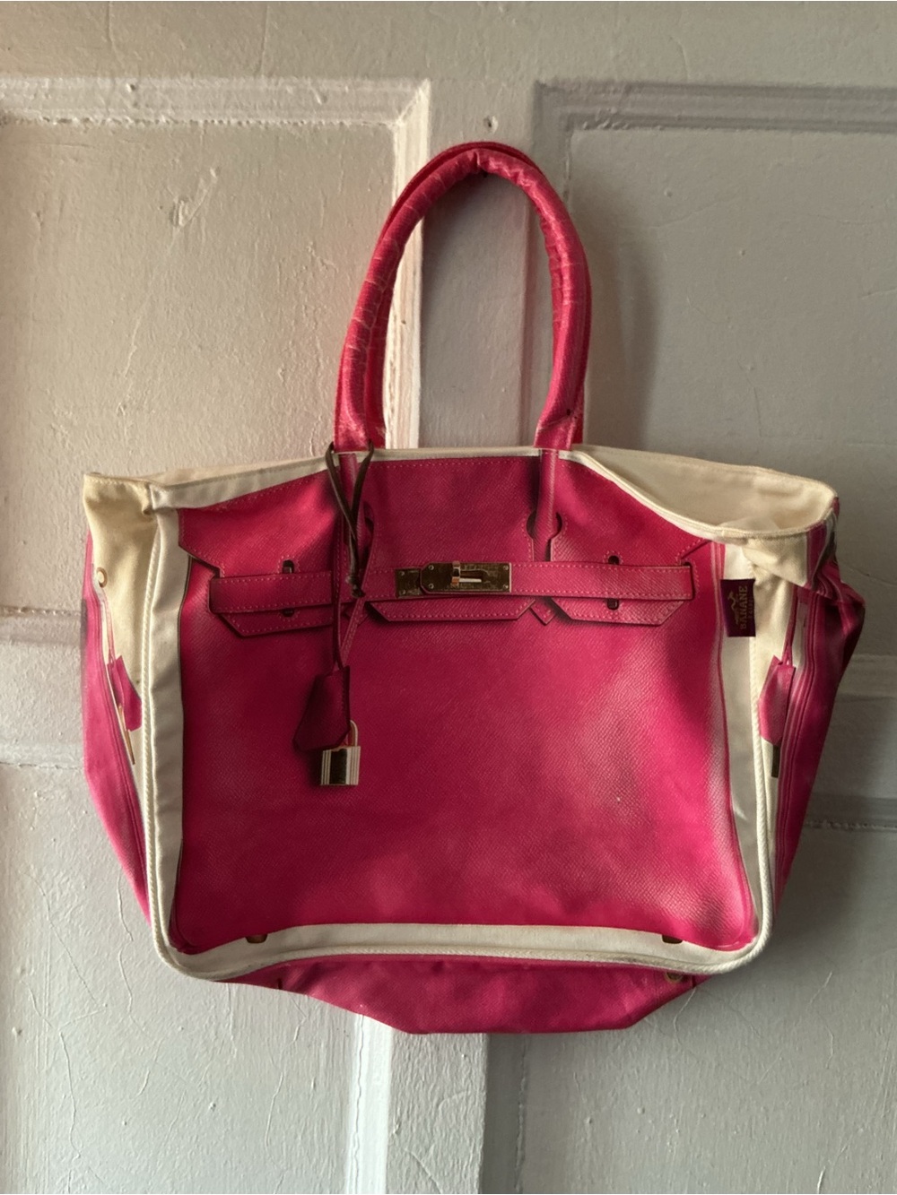 Banana Taipei Bright Pink and Cream Tote Bag with Gold Accent